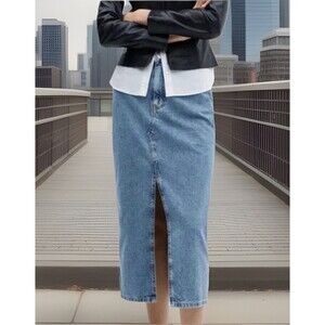 NWT Mng Mango Jolie Denim Split-Front Midi Skirt Women’s L Med Blue Boho Western